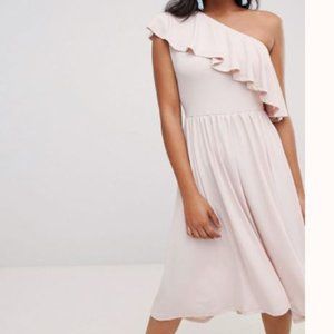 ASOS One Shoulder Ruffle Midi Dress - Blush